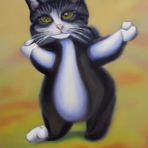 Prompt: oil painting of a bipedal cat in suit,