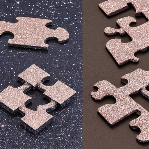 Image similar to Two interlocking puzzle pieces separated by one inch on a glittery surface, hi-res photo