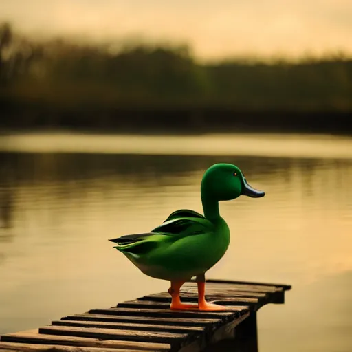 Prompt: standing on the old wooden dock in the early morning, the young boy dressed in jeans and a t - shirt, looked out at the small green duck sitting on the water.