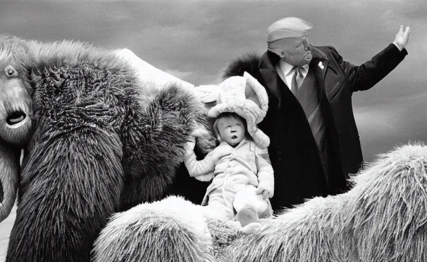 Image similar to Donald Trump in a baby mammoth costume , with an open face