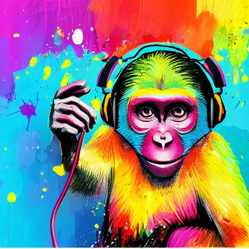 Prompt: colorful illustration of monkey in headphones, colorful splatters, by andy wrahol, by zac retz, by kezie demessance