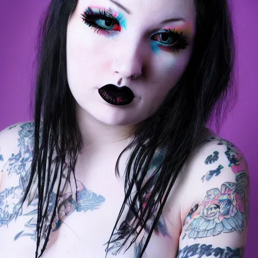 Image similar to high key studio anaglyph lighting headshot portrait of curvy young female goth, Hi-Fructose, suicide girls