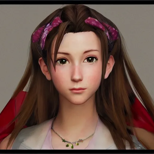 Image similar to mid-close portrait of Aerith Gainsborough in the style of GTA-5 loading screen art