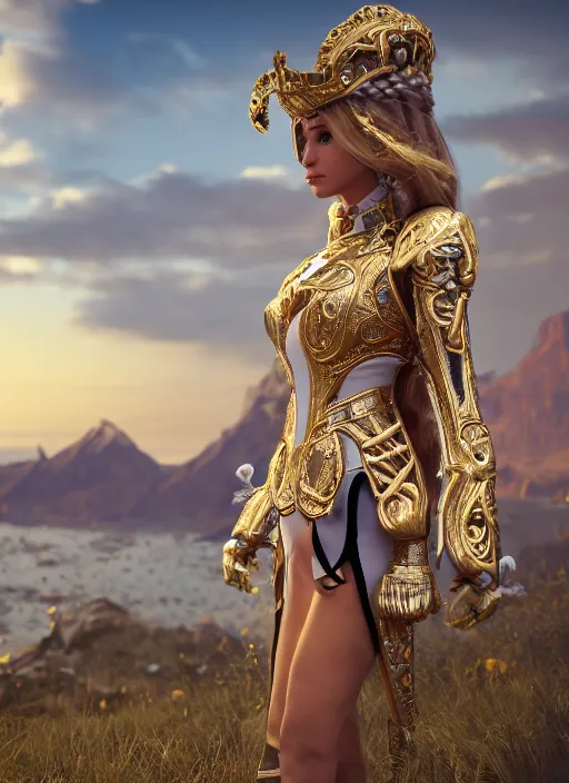 Image similar to a photo of 8 k ultra realistic humanoid princess with long blonde hair, standing next to a beautiful view, ornate white and gold officers outfit, cinematic lighting, trending on artstation, 4 k, hyperrealistic, focused, extreme details, unreal engine 5, cinematic, masterpiece