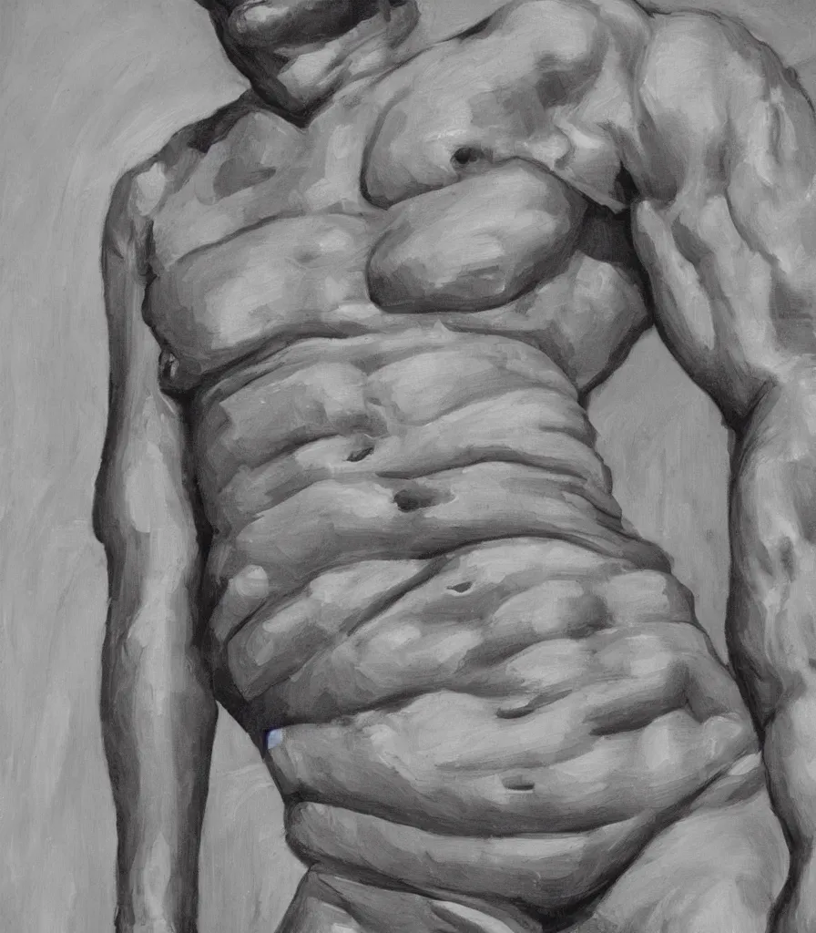 Image similar to medium close shot of a man without shirt in the style of lucian freud self portrait. oil painting, thick brush strokes. gray background. hard light from top. perspective from below. 5 0 mm