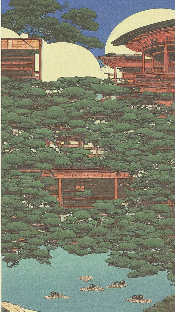 Image similar to a beautiful ancient bathhouse with a bathing alien creature in the summer by hasui kawase