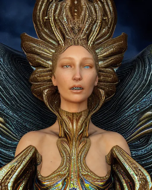 Prompt: a highly detailed metahuman 4 k close up render of an alien goddess bella hadid monument naga siren in iris van herpen dress schiaparelli in diamonds crystals swarovski and jewelry iridescent in style of alphonse mucha gustav klimt trending on artstation made in unreal engine 4