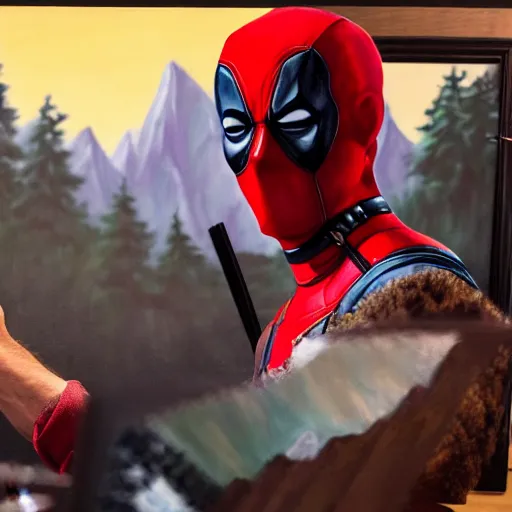 Image similar to a closeup photorealistic photograph of bob ross working on a canvas painting of deadpool. film still. brightly lit scene. mountains and trees. this 4 k hd image is trending on artstation, featured on behance, well - rendered, extra crisp, features intricate detail, epic composition and the style of unreal engine.