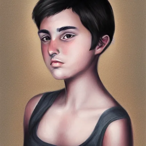Prompt: a digital portrait of a 15 year old with black hair,hazel green eyes, drawn in the style of mark Arian