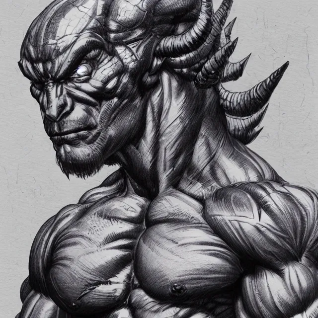 Image similar to ballpoint pen illustration of a muscular demon man, concept art, artstation