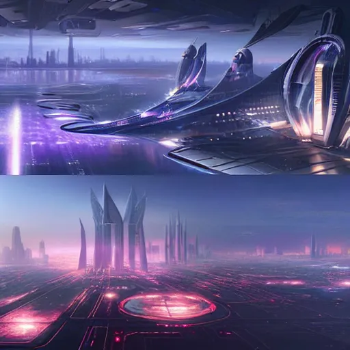 Prompt: a collage of images of a futuristic city, a detailed matte painting by john martin, cgsociety, space art, matte painting, concept art, reimagined by industrial light and magic