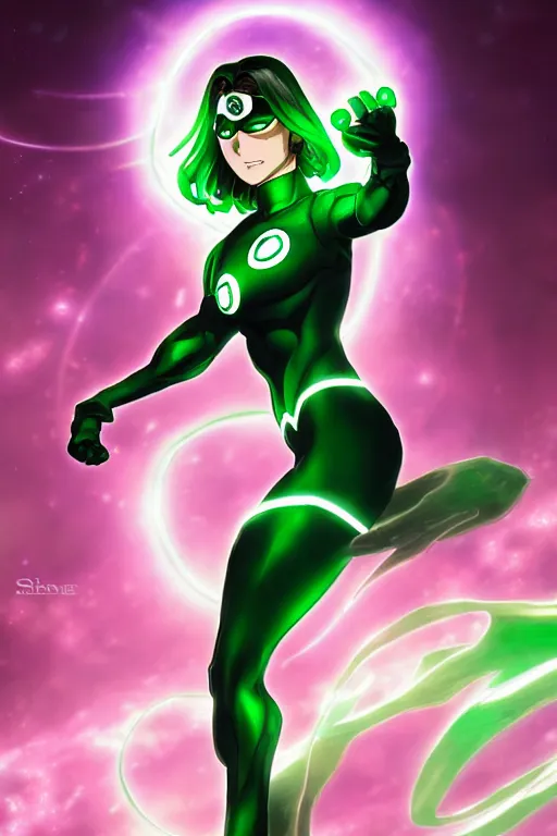 Image similar to anime key visual of a beautiful female green lantern, intricate, glowing accents, powers, glowing ring, speed, goddess, dc comics, cinematic, stunning, highly detailed, digital painting, artstation, smooth, hard focus, illustration, character concepts by senior concept artist