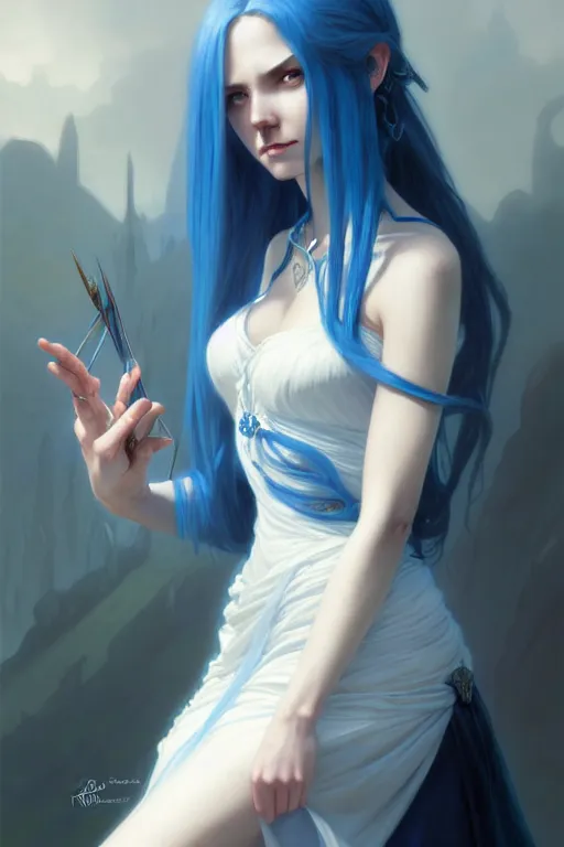 Prompt: tall girl, blue hair, white dress, long hair, deep focus, d & d, fantasy, sophisticated, elegant, highly detailed, digital painting, artstation, concept art, matte, clear focus, illustration, hearthstone, works by artgerm, greg rutkowski and alphonse mucha