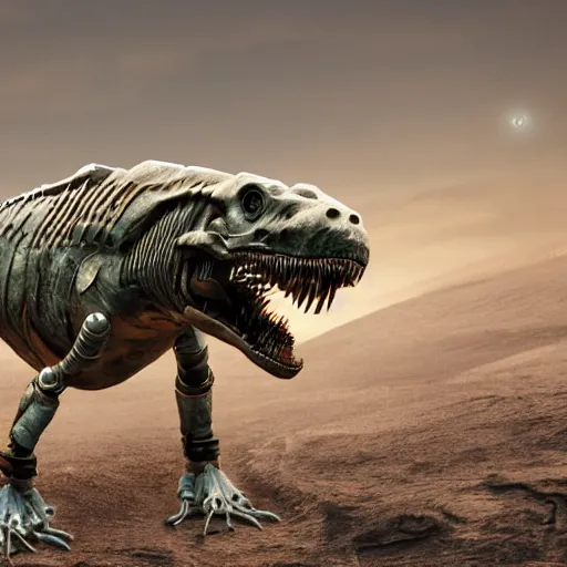 Image similar to still of a cyborg T-Rex on an alien planet, ruby eyes, robotic extended arms, 4k, film grain, 85mm