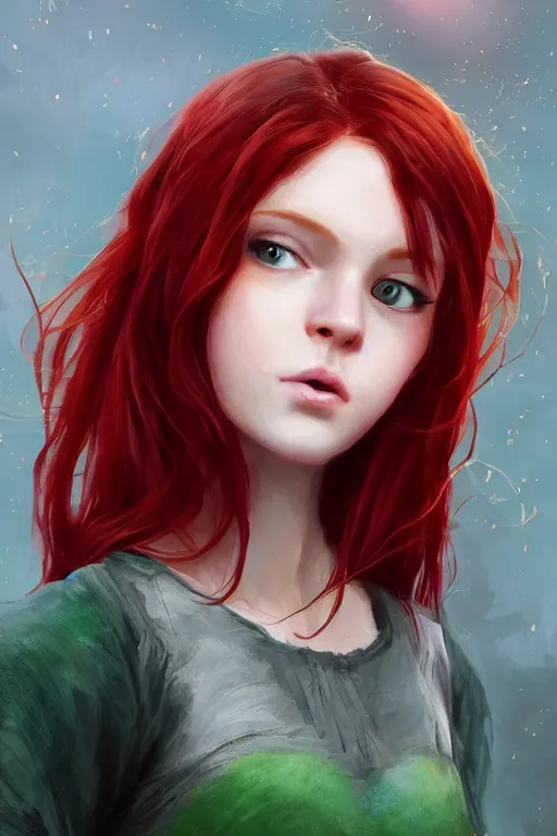Prompt: beautiful cute red haired joyful and playful nineteen year old maiden standing up in casual green clothing, long hair, attractive face, modern city, rpg character, sci - fi, fantasy, intricate, elegant, digital painting, artstation, concept art, smooth, 8 k frostbite 3 engine, ultra detailed, art by artgerm and greg rutkowski and magali villeneuve
