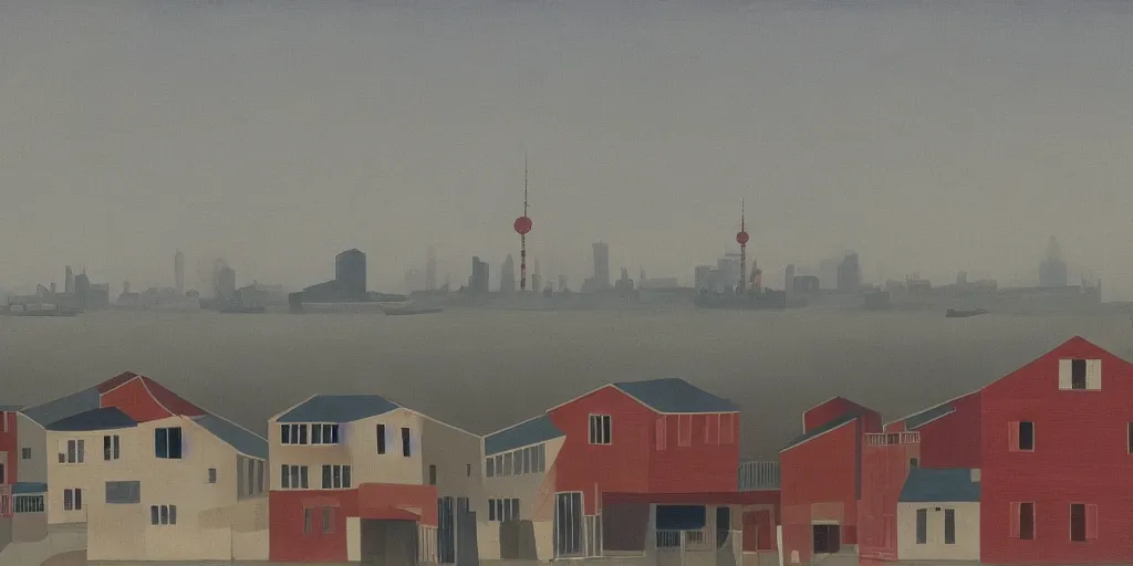 Image similar to In the foreground is a small red house, and in the background is the smoky Shanghai City, George Ault painting style.