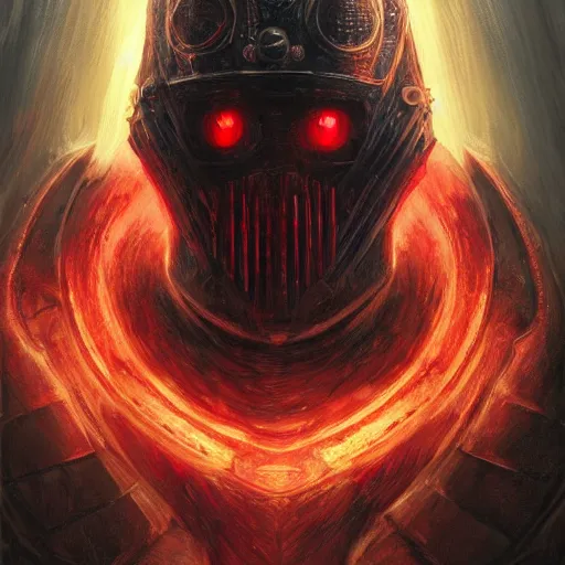 Prompt: dystopia futuristic dark souls knight with red glowing eyes as an eldritch realistic fantasy character, closeup portrait art by donato giancola and greg rutkowski, vintage retro, realistic face, digital art, trending on artstation, eldritch skull helmet, symmetry!!