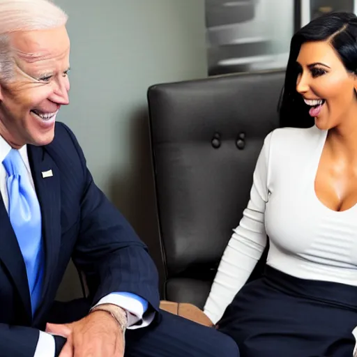 Image similar to stock photo of kim kardashian, and joe biden wearing suits and ties laughing in an office building, 8k resolution, full HD, cinematic lighting, award winning, anatomically correct