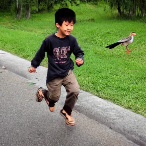 Prompt: a young asian boy running along with a friendly crow