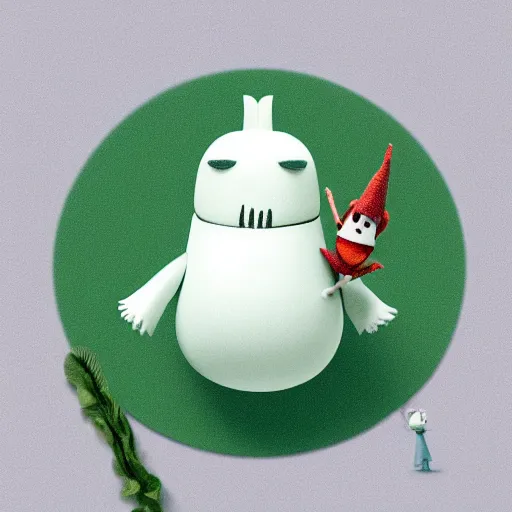 Image similar to a big head Moomin, two tiny horns, 3D art, Finnish green, Baymax style, sweetness, technology, futurism, kawaii, Marina Dieul, Monchhich, Kristina Shablina, 8K