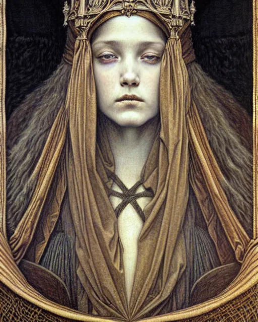 Image similar to detailed realistic beautiful young medieval queen face portrait by jean delville, gustave dore and marco mazzoni, art nouveau, symbolist, visionary, gothic, pre - raphaelite. horizontal symmetry