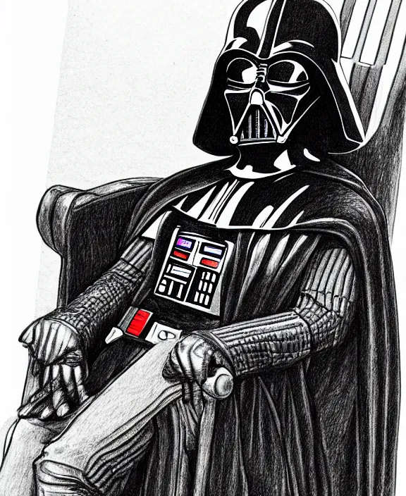 Prompt: a detailed fineliner drawing of darth vader relaxing in an armchair