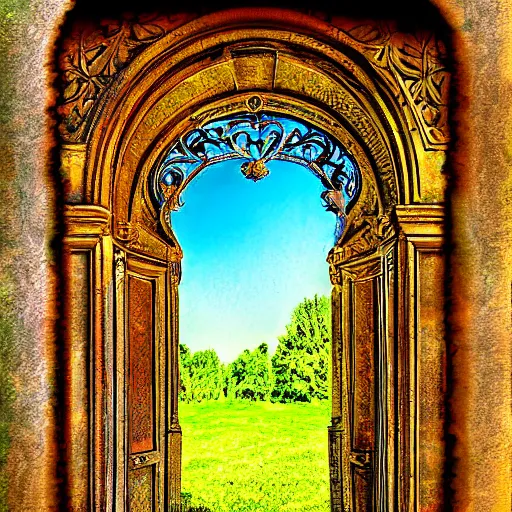 Image similar to Meadow. Ornate doorway with a portal to another dimension. Mixed media, Digital Art and AF-S NIKKOR 10-200mm F2.8G ED.