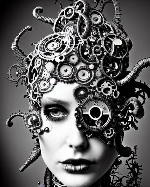 Image similar to surreal black and white photo portrait of complex bio-mechanical beautiful young female vegetal-cyborg with a Mandelbrot fractal steampunk metal fine lace face, curled silver hair and a fine metal floral foliage super big lace collar by Alexander McQueen:: high fashion, haute couture, rococo, steampunk, silver filigree details, anatomical, facial muscles, cable wires, microchip, elegant, hyper realistic, 150 mm lens, soft rim light, octane render, unreal engine, picture was taken in 1910, volumetric lighting, 8k,