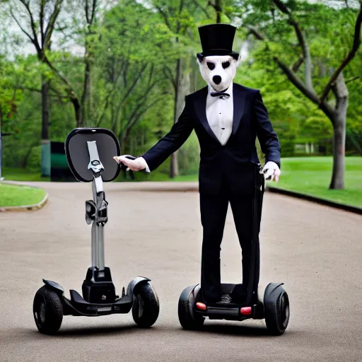 Image similar to an anthropomorphic silver fox in a dapper suit and a top hat riding a Segway in a park, photo, 4K