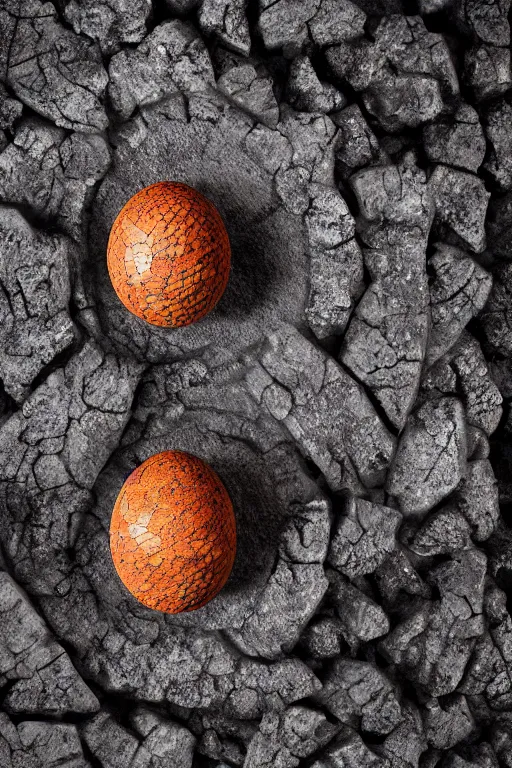 Image similar to a scaly dragon egg made from opalescent coal and molten lava, on a carved stone floor against a forest background photorealistic, dlsr, octane render, 8 k, cinematic lighting