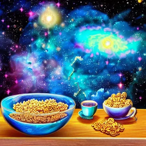 Prompt: a picture of a morning breakfast table with a cereal bowl with a nebula inside, highly intricate and colorful, nebula, galaxy, highly detailed illustration