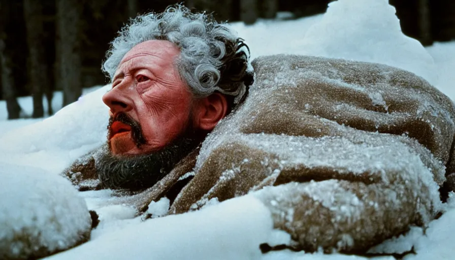 Image similar to 1 9 6 0 s movie still close up of marcus aurelius ill tired frozen to death under the snow by the side of a river with gravel, pine forests, cinestill 8 0 0 t 3 5 mm, high quality, heavy grain, high detail, texture, dramatic light, anamorphic, hyperrealistic, detailed hair, burning sun