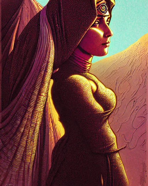 Image similar to arab princess, character portrait, portrait, close up, concept art, intricate details, highly detailed, vintage sci - fi poster, in the style of chris foss, rodger dean, moebius, michael whelan, and gustave dore