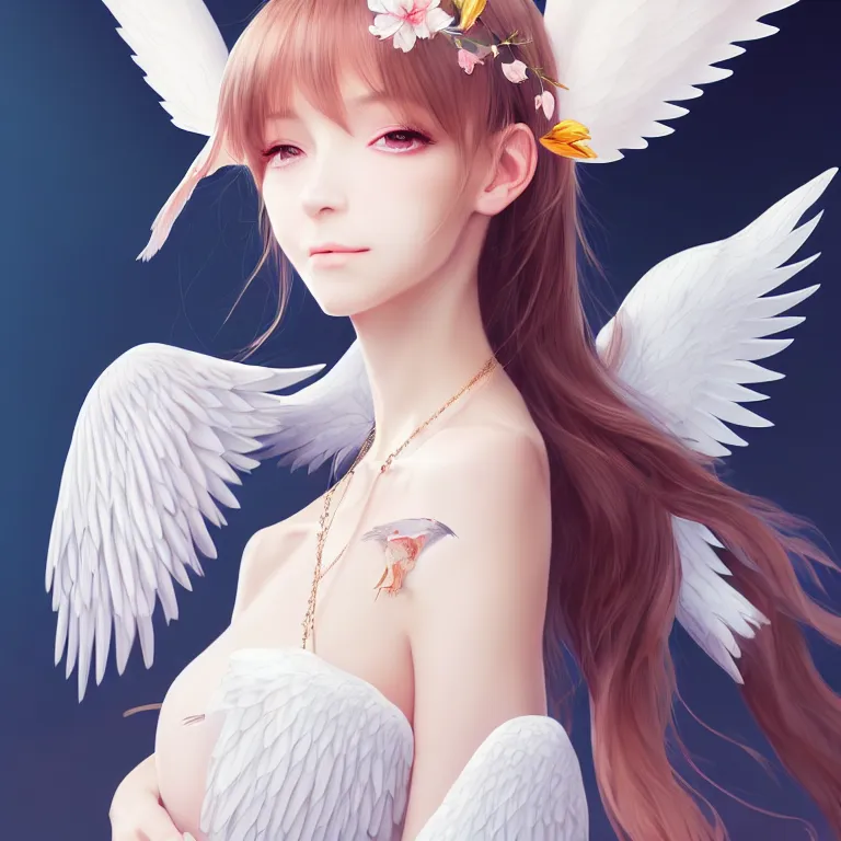 Prompt: Portrait of a cute elegant woman with thick angelic white wings on her back, a bird on her shoulder, cat ears, luxurious neckless, sunset warm spring, slim face, detailed face, centered close-up, fantasy, anime, vibrant, colorful, depth of field, intricate details, trending on ArtStation, Deviantart, by WLOP