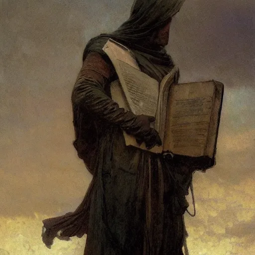 Image similar to half portait of magican wearing a closed cowl holding a big old book! chained!!! to his wrist, jeremy mann, jean leon gerome, alphonse mucha, greg rutkowski, hood covers his eyes, ( ( ruins of ancient rome ) ), at dusk, mysterious atmosphere, sunrays, dof, masterpiece, high detailed, 8 k