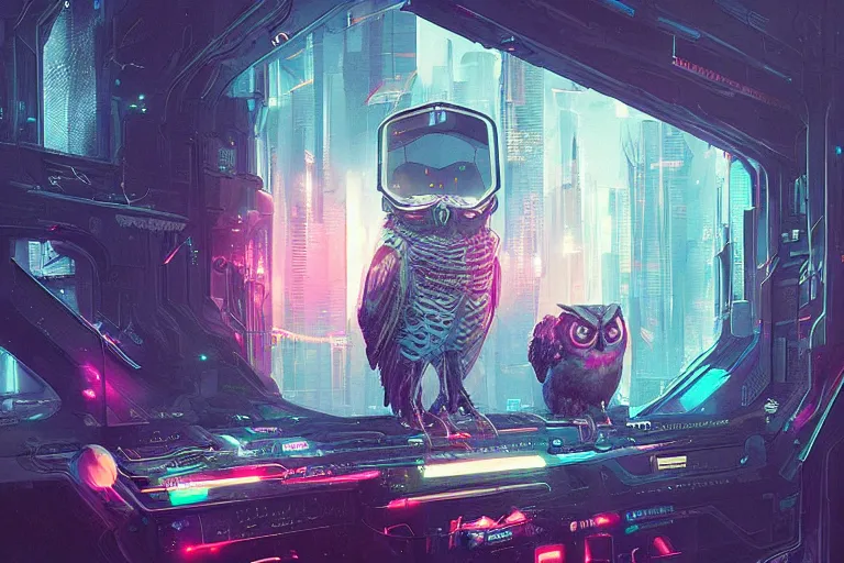 Prompt: futuristic owl, cyberpunk art by mike winkelmann, trending on cgsociety, retrofuturism, reimagined by industrial light and magic, darksynth, sci - fi