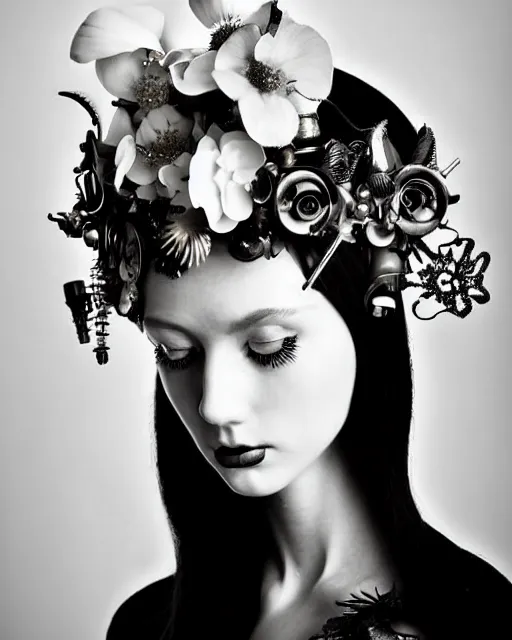 Image similar to a black and white high quality dreamy photo of a young beautiful female queen-silver dragon-vegetal-flower-cyborg bust with a very long cyborg neck and a steampunk flower crown, elegant, highly detailed, poetic, soft, dreamy, mysterious, high fashion, in the style of Horst P. Horst, Metropolis, Realistic, Refined, Digital Art, Highly Detailed, Cinematic Lighting, rim light, black and white, photo-realistic, 8K