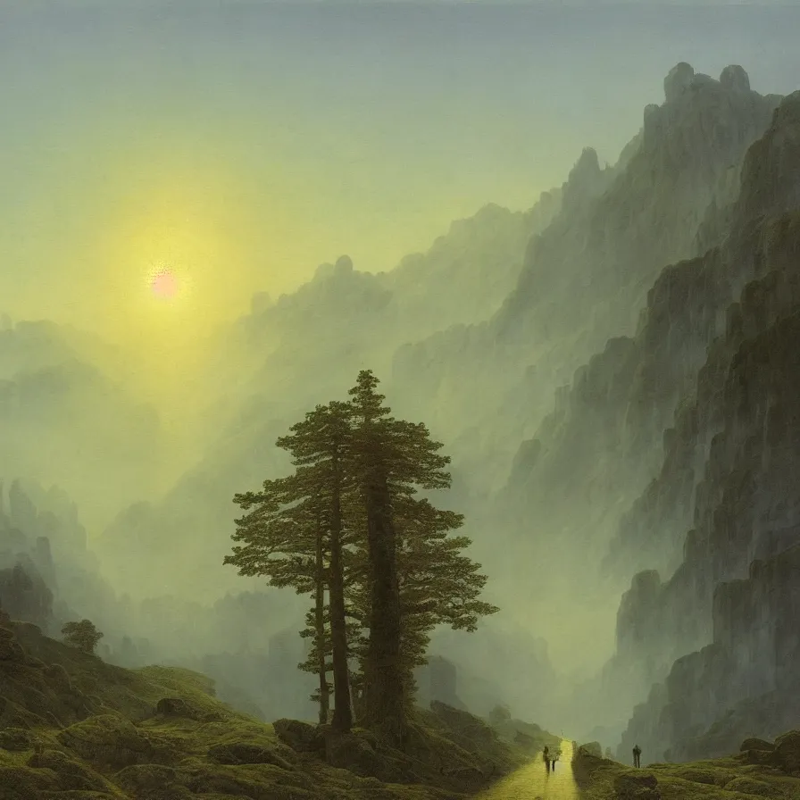 Image similar to highway road above the clouds, sharp rocky mountains, giant trees in the sky, colors, misty clouds, sun at dawn, brutalism, painting by caspar david friedrich