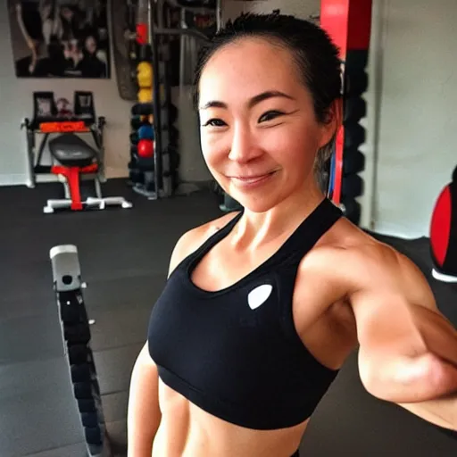 Image similar to Meg Kimura, personal trainer, selfie, photorealistic, trending on instagram