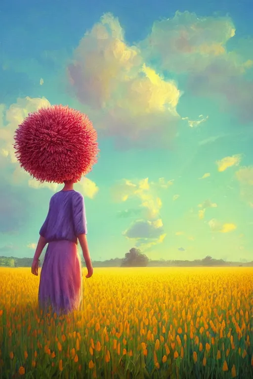 Image similar to giant corn flower head, girl walking in a flower field, surreal photography, sunrise, dramatic light, impressionist painting, colorful clouds, digital painting, artstation, simon stalenhag