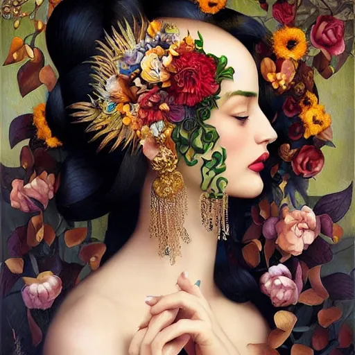 Image similar to dynamic composition, a painting of woman with hair of ( summer flowers )!! and vines wearing ornate earrings, ornate gilded details, a surrealist painting by tom bagshaw and jacek yerga and tamara de lempicka and jesse king, featured on cgsociety, pop surrealism, surrealist, dramatic lighting, wiccan, pre - raphaelite