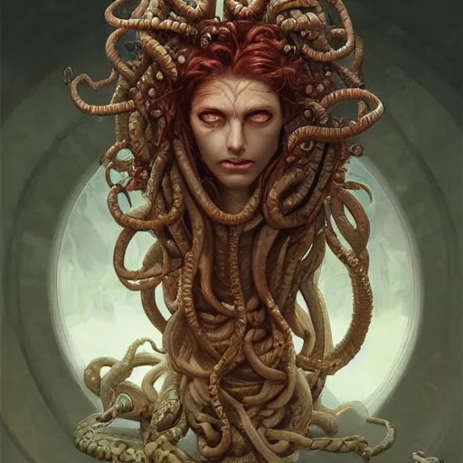 Prompt: male medusa, highly detailed, digital painting, bloody eyes, snakes, white skin, artstation, concept art, smooth, sharp focus, illustration, art by artgerm and greg rutkowski and alphonse mucha