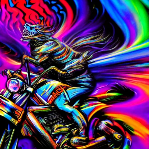 Image similar to psychedelic blacklight airbrush artwork, hyper stylized action shot of a menacing orc riding a motorcycle, hyper detailed ultra sharp, colorful soft airbrushed artwork, black background, digital painting, smooth, sharp focus, cgsociety, artstation