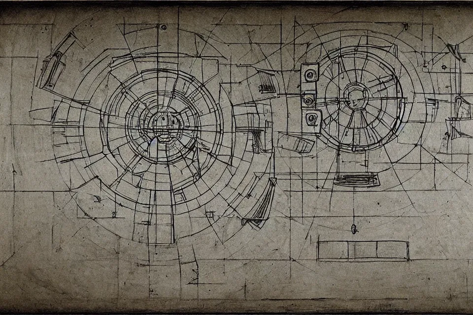 Prompt: construction drawing of a space station by leonardo da vinci
