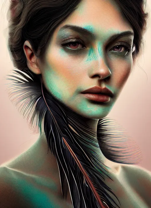 Image similar to portrait of female, quetzal feathers, intricate, elegant, highly detailed, digital painting, artstation, concept art, smooth, sharp focus, illustration