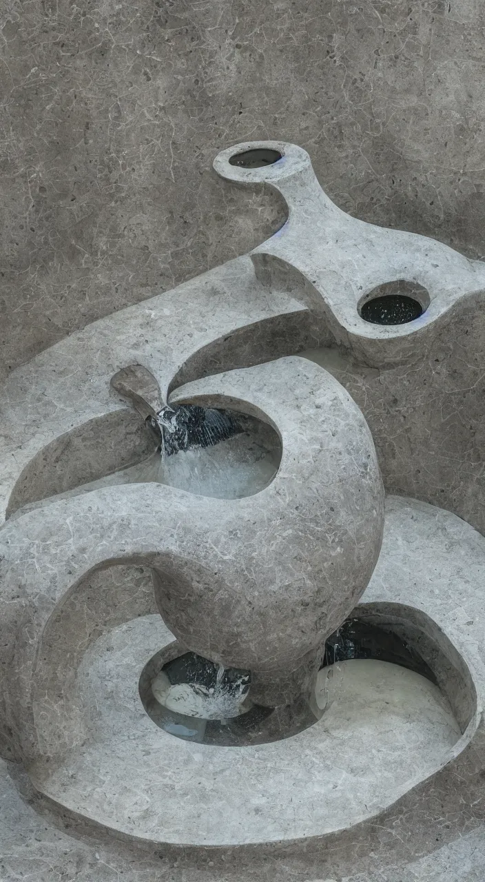 Prompt: a stream of water entering into a machine made from biomorphic amphoras and producing a liquid coin, in the style of a Carlo Scarpa fountain, architectural photograph , isometric views, infrastructure, kidneys, white marble texture , octane, 8k