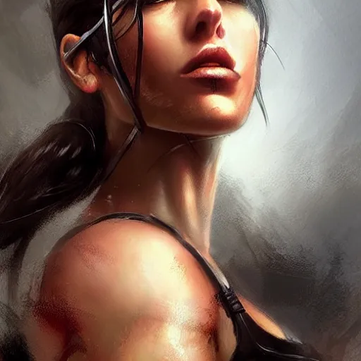 Image similar to portrait of a beautiful muscular lara croft with plump lips, elegant, fantasy, hd shot, digital portrait, beautiful, artstation, comic style, by artgerm, guy denning, jakub rozalski, magali villeneuve and charlie bowater