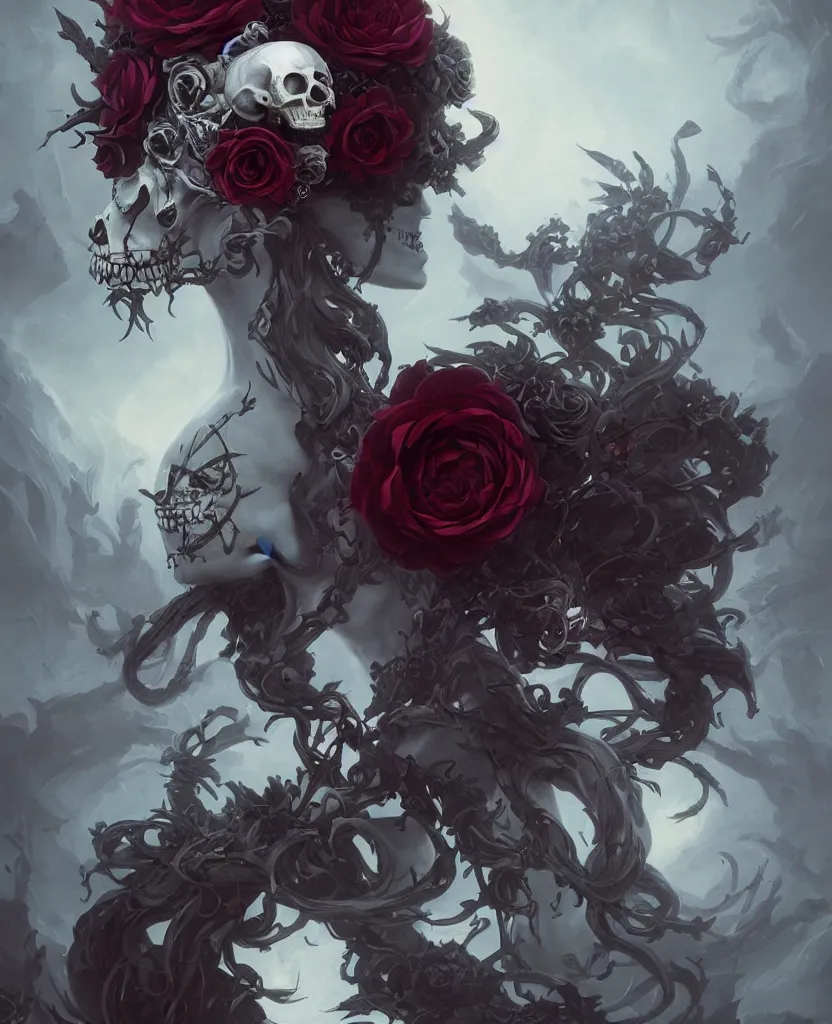 Image similar to a chaotic goddess of death skull black rose s day of the dead atmospheric, dramatic, concept art by Peter Mohrbacher hyperrealist, cinema4D, 8k highly detailed ❤️‍🔥 🔥 💀 🤖 🚀