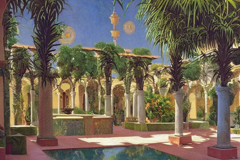 Image similar to painting of a beautiful moorish palace courtyard garden, by arkady rylov and maxfield parrish, patterned tilework, palm trees, tiled fountains, extremely detailed, cinematic lighting, smooth sharp focus