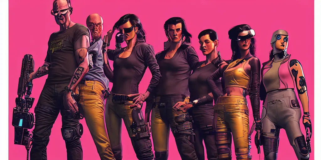 Image similar to cyberpunk heist crew. portrait by stonehouse and mœbius and will eisner and gil elvgren and pixar. character design. realistic proportions. dystopian. cyberpunk 2 0 7 7 character art, blade runner 2 0 4 9 concept art. cel shading. attractive face. thick lines. the team. detailed interesting characters.